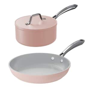 2 Piece Ceramic Nonstick Cookware Set in Pink, Frying Pan, Sauce Pan