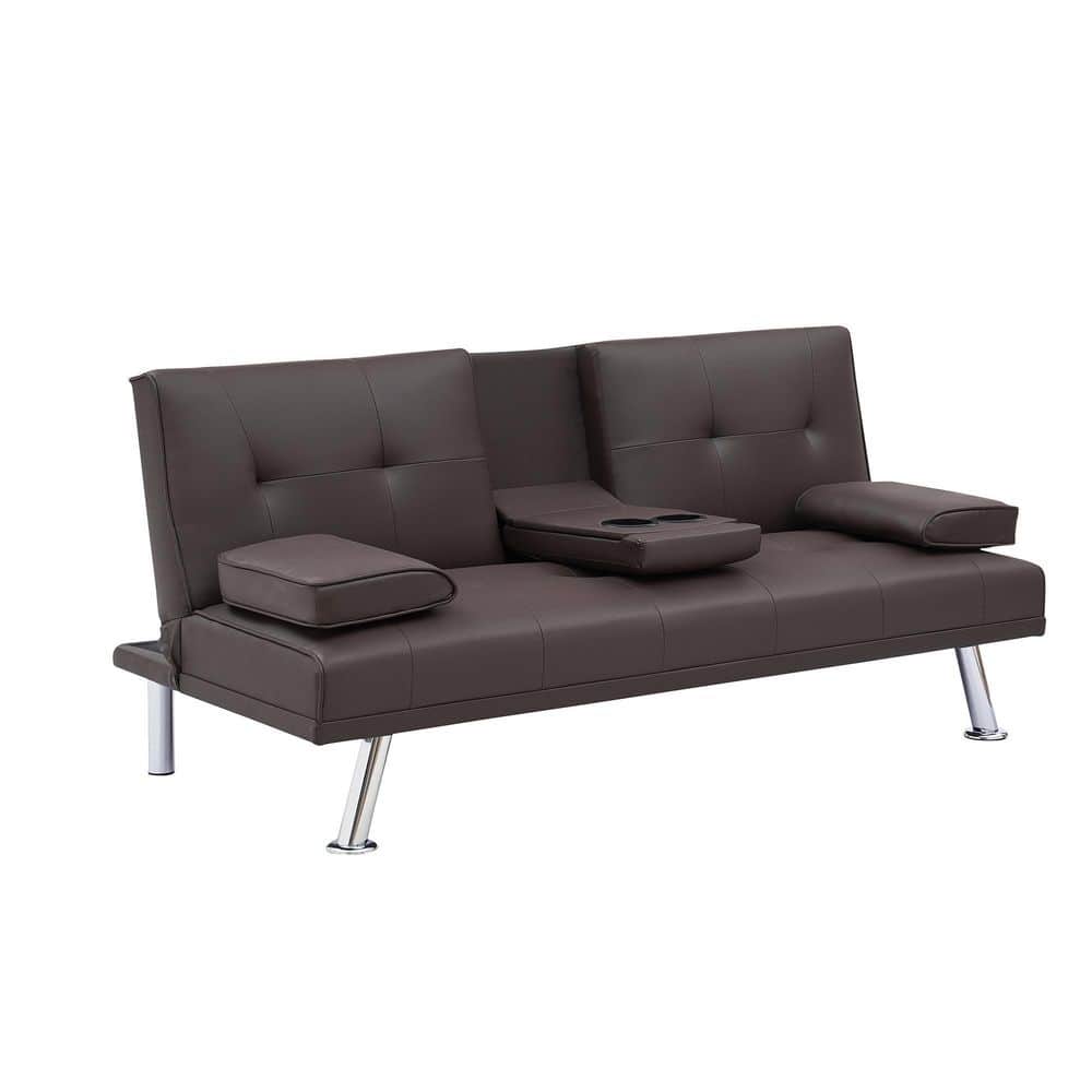 67 in. W Brown Leather Full Size Sofa Bed Halloween Multi-functional Foldin