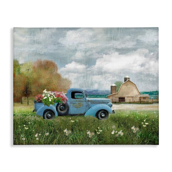 Stupell Industries Vintage Blue Truck in Meadow by Nan 1-Piece Gallery Wrapped Unframed Nature Graphic Art Print 40 in. x 30 in.