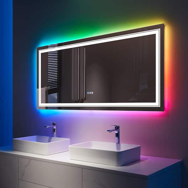 Heemli 72 in. W x 32 in. H Oversized Rectangular Frameless RGB LED Light and Anti-Fog Wall Bathroom Vanity Mirror