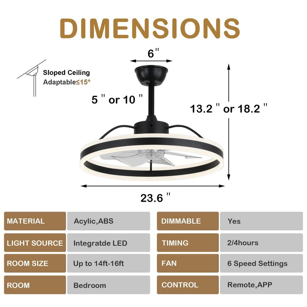 24" Black Modern Smart Ceiling Fan with Dimmable LED Light