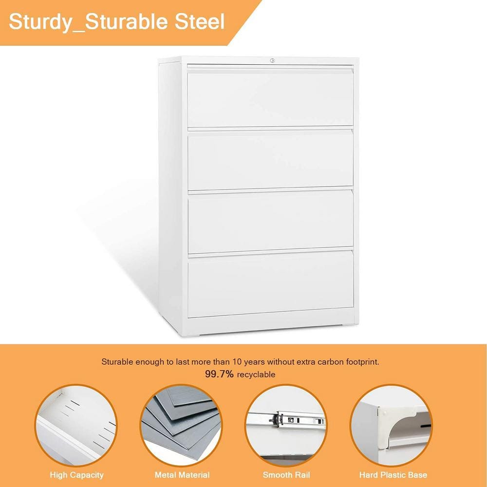 AOBABO White 4-Drawer Lockable Lateral Metal File Cabinet