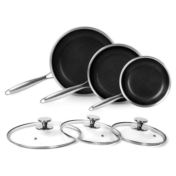 3-Piece Stainless Steel Nonstick Honeycomb Frying Pan Set with Lids Induction Gas Electric Cooktop Compatible