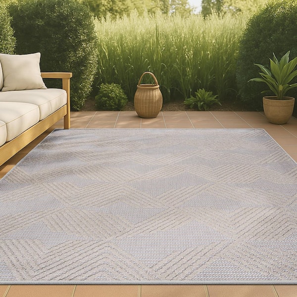 Jazz High-Low Pile Art Deco Geometric Beige 5 ft. x 8 ft. Indoor/Outdoor Area Rug