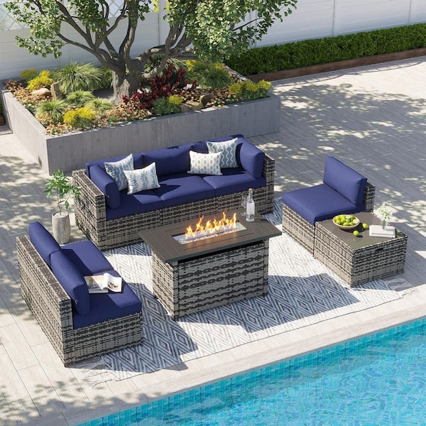 Gray 8-Piece Wicker Rattan Outdoor Sectional Set with 50000 BTU Gas Fire Pit Table and Blue Cushions, Coffee Table