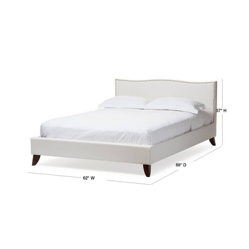 Queen White Faux Leather Upholstered Bed with Nailhead Trim