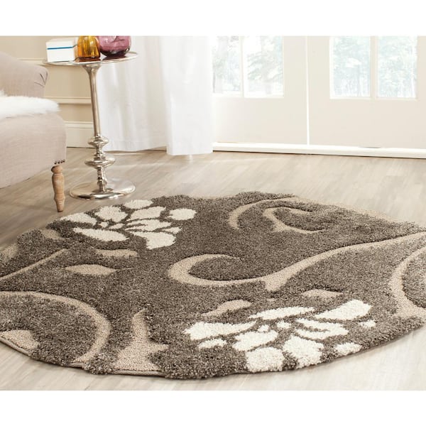 Florida Shag Smoke/Beige 8 ft. x 8 ft. Round Floral Area Rug