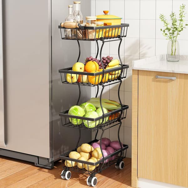 4-Tier Metal Fruit Basket with Wheels for Fruit Vegetable Snacks Jars Bins Containers Organization, Black