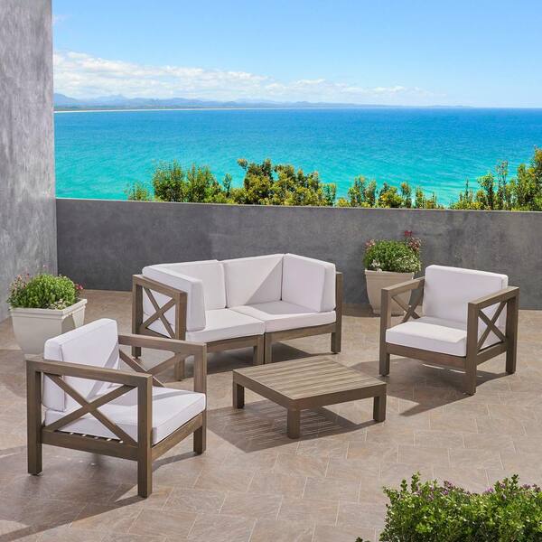 Noble House Brava Grey 5-Piece Wood Patio Conversation Seating Set with White Cushions