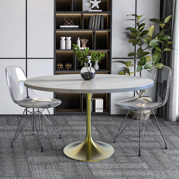 Verve Mid-Century Modern White Marble Top 47.24 in. Pedestal Dining Table Seats 6 with Brushed Gold Base