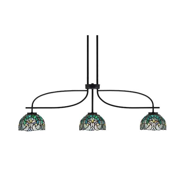 Unbranded Olympia 3-Light Matte Black Billiard Light with 7 in. Kaleidoscope Art Glass Shades, no blulbs included