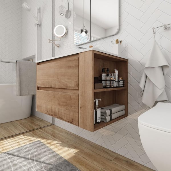 Anky 29.7 in. W x 18.1 in. D x 19.4 in. H Single Sink Bath Vanity in Imitative Oak with White Gel Top