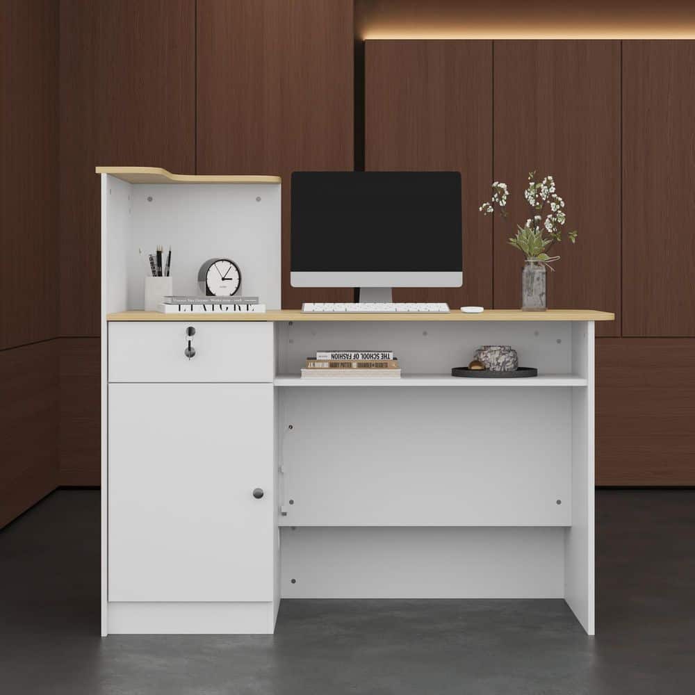 47.2 in. Rectangular White and Natural Wood 1-Drawer Computer Desk with LED Lights, Reception Desk with Shelves, Cabinet