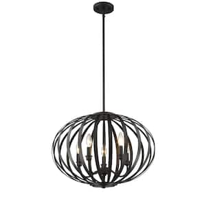 Moundou 60-Watt 20 in. 5-Light Bronze Cage Pendant Light with No Bulbs Included