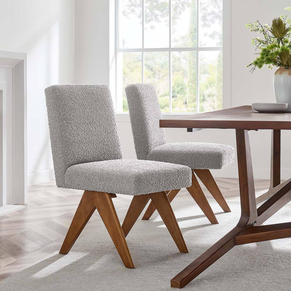 Light Gray Boucle Upholstered Side Chair with Wood Legs