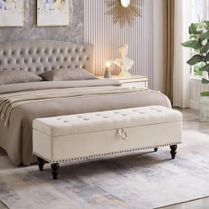 Beige Tufted Storage Bedroom Bench, Entryway Bench with Bronze Nail Decoration 18 in. H x 59 in. W x 17.32 in. D
