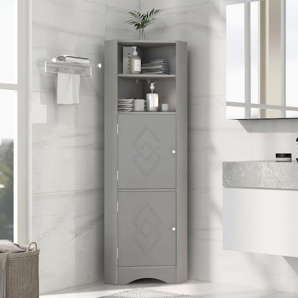 Polibi 14.96 in. W x 14.96 in. D x 61.02 in. H Gray Tall Bathroom Corner Linen Cabinet with Doors and Adjustable Shelves
