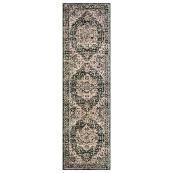 Vintage Medallion Sage Green Machine Washable Non-Slip Backing 2 ft. x 10 ft. Green Area Rug