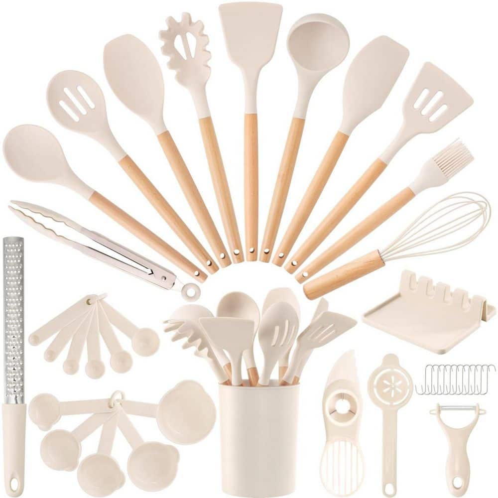 39-Piece Cream Kitchen Utensils Set, Silicone Cooking Utensil Set with Wooden Handle for Nonstick Cookware price history on PriceWatchPro