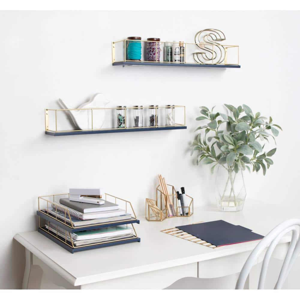 Navy Blue and Gold Chic 24" Wood and Metal Floating Wall Shelf Set