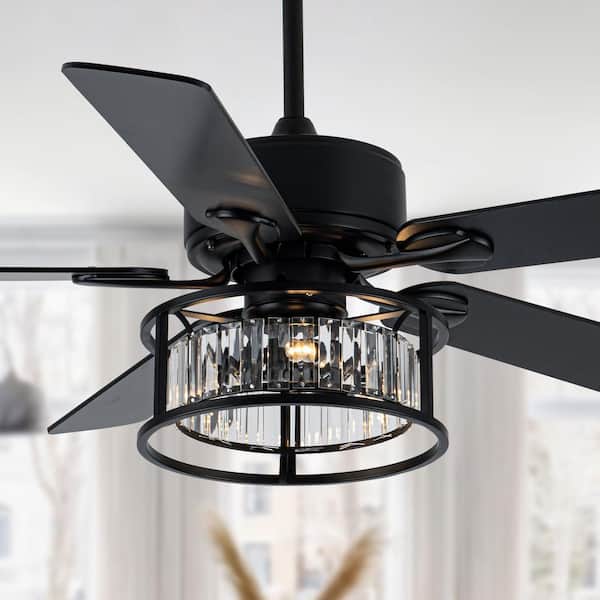 Oaks Aura Cesano 52 in. Indoor Matte Black Modern Glam Crystal Ceiling Fan with Lights, 6-Speed Reversible Ceiling Fan with Remote