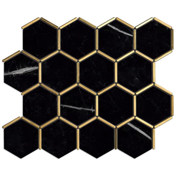 MOLOVO Natural Blanco Black Gold 12.8 in. x 11.11 in. Honeycomb Polished Marble Mosaic Tile Sample