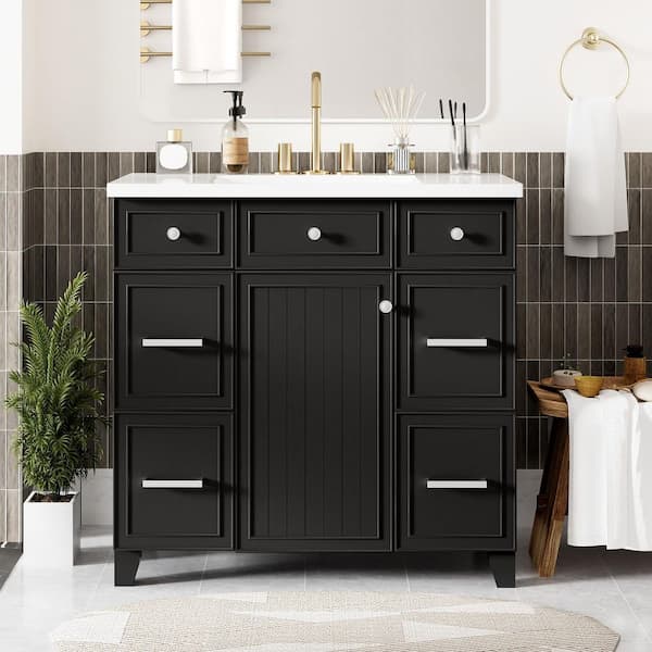 Qidian 36 in. W x 18 in. D x 34. 3 in. H in Single Sink Freestanding Black Bath Vanity, with White Resin Top Basin