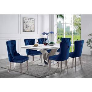 Sharland 7-Piece Rectangle Faux Marble Top Chrome and Blue Dining Table Set