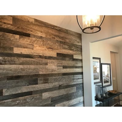 Barn Wood Appearance Boards The Home Depot - Weathered Wood Wall Planks