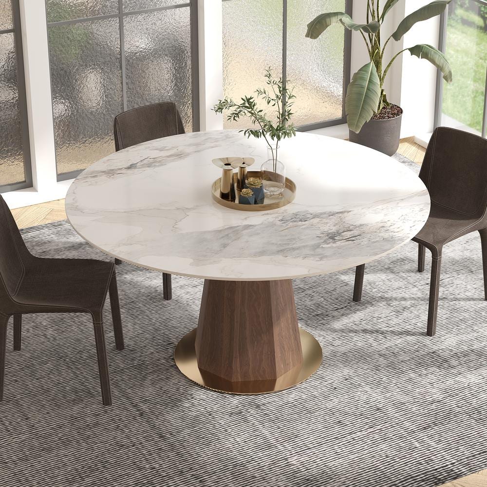 Modern Round White Chanel Rock Stone Tabletop 53.15 in. Walnut Pedestal Din