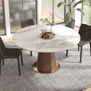 Modern Round White Chanel Rock Stone Tabletop 53.15 in. Walnut Pedestal Dining Table (Seats-4)