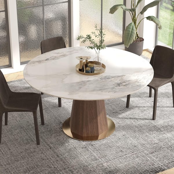 Modern Round White Chanel Rock Stone Tabletop 53.15 in. Walnut Pedestal Dining Table (Seats-4)