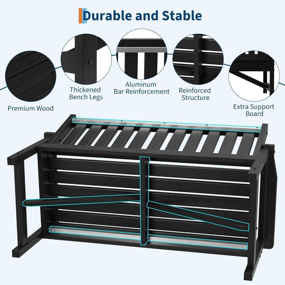 Diagram showing the internal structure and reinforcement of the black garden bench.