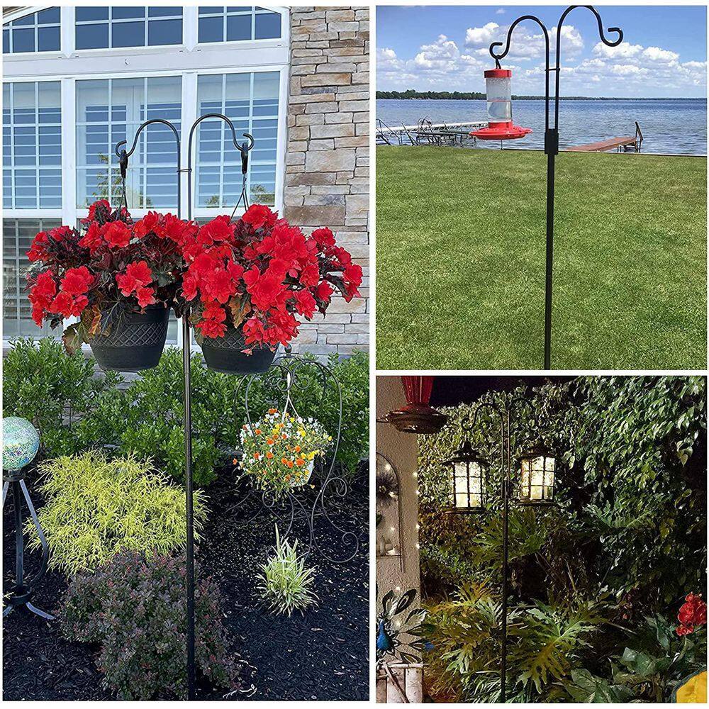 Heavy Duty Black Metal Double Shepherd Hook for Outdoor Use