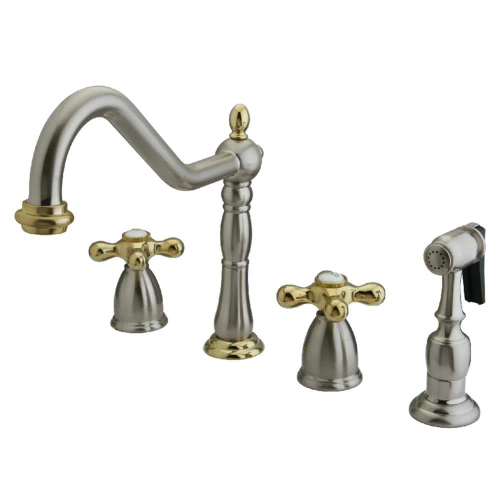 Heritage 2-Handle Standard Kitchen Faucet with Side Sprayer in Brushed Nickel/Polished Brass -  Kingston Brass, HKB1799AXBS