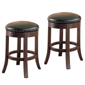 Brown Round Wooden Stool with Upholstered Seat ( Set of 2 )