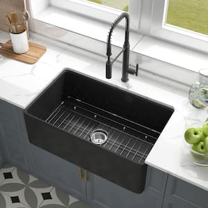 Black Fireclay 30 in. Single Bowl Farmhouse Apron Kitchen Sink with Bottom Grid and Basket Strainer