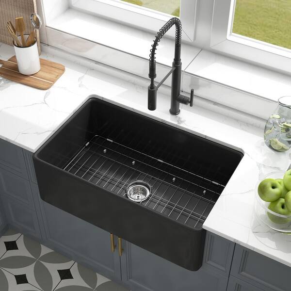 TOBILI Black Fireclay 30 in. Single Bowl Farmhouse Apron Kitchen Sink with Bottom Grid and Basket Strainer