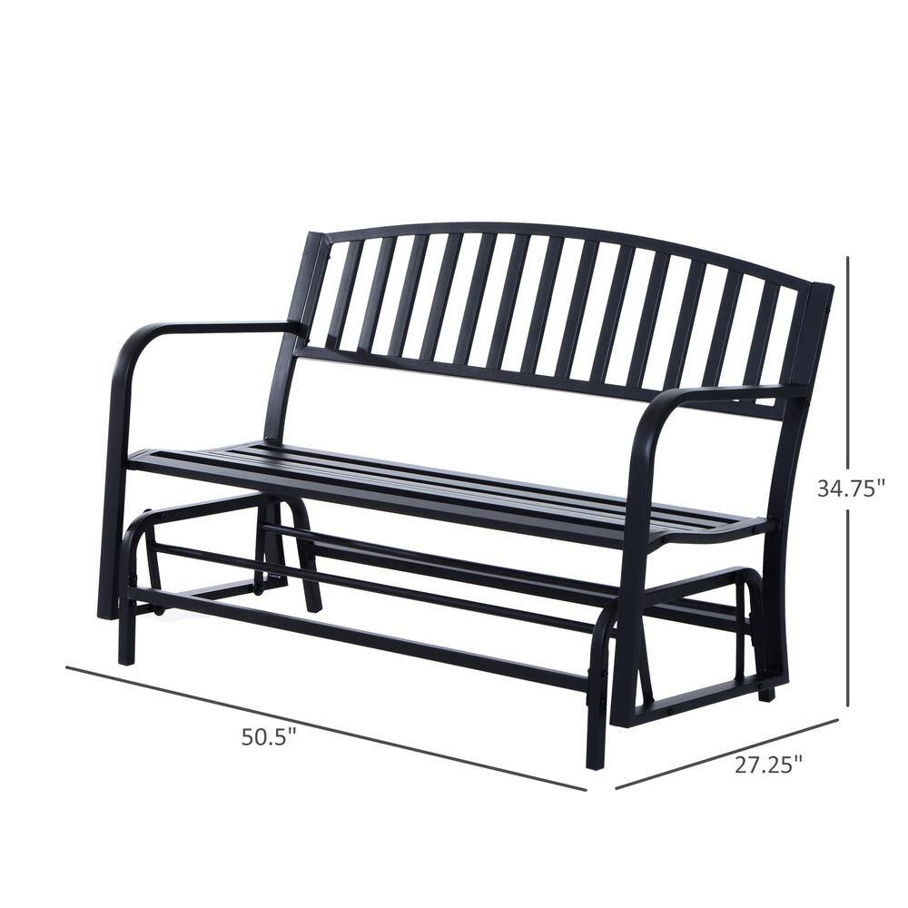 Outdoor Loveseat Glider Bench with Curved Armrests in Powder-Coated Black Steel