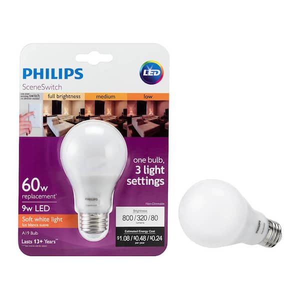 Philips 60-Watt Equivalent A19 SceneSwitch LED Light Bulb Soft White (2700K)/Amber (2500K)/ Warm Glow (2200K) (4-Pack)