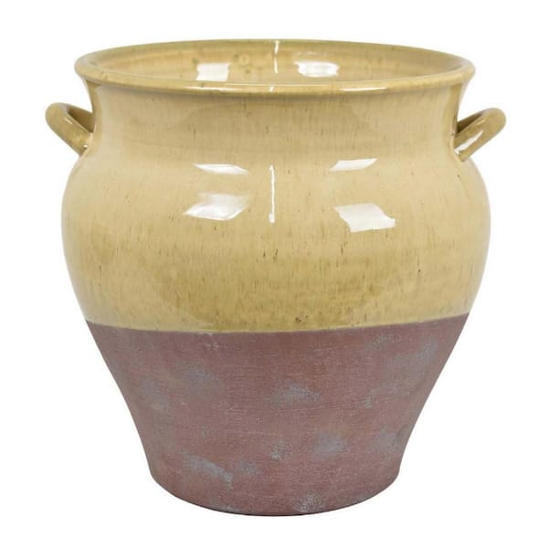 Benjara Brown and Yellow Pot Ceramic Vase with 2 Handles