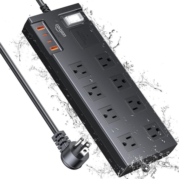 Ahfiwaso 20 FT. IPX6 Waterproof 2700J Surge Protector Power Strip, Long Extension Cord with 6 Wide-Spaced Outlets and 4 USB Ports