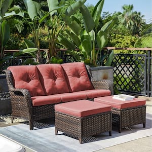 Carolina Brown 3-Piece Wicker Outdoor Couch with Red Cushions