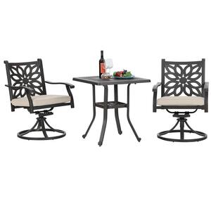 Brown 3-Piece Cast Aluminum Outdoor Dining Set with Square Table and Swivel Chairs with Beige Cushions