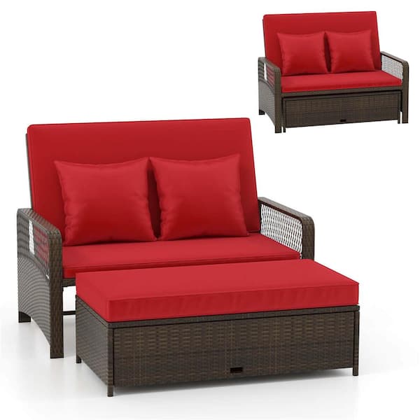 2-Piece Wicker Outdoor Day Bed Set with Cushioned Loveseat and Storage Ottoman for Porch with Red Cushions