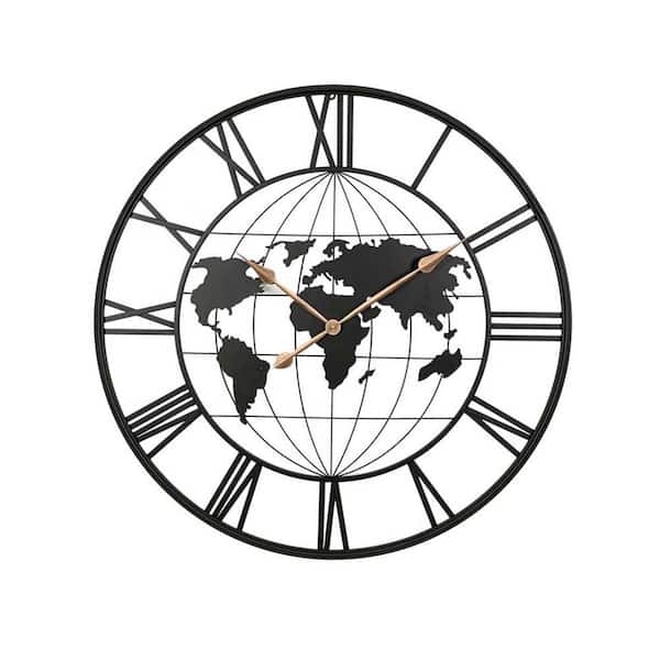 Unbranded 36 in. Large Black Metal Wall Clock, Modern World Map Wall Clock with Gold Pointers, Decorative for Living Room, Bedroom
