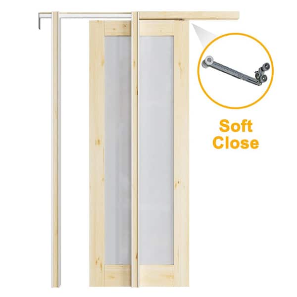 32 in. x 80 in. 1-Lite Frosted Glass Unfinished Solid Core Pine Wood Pocket Sliding Door with Hardware and Soft Close