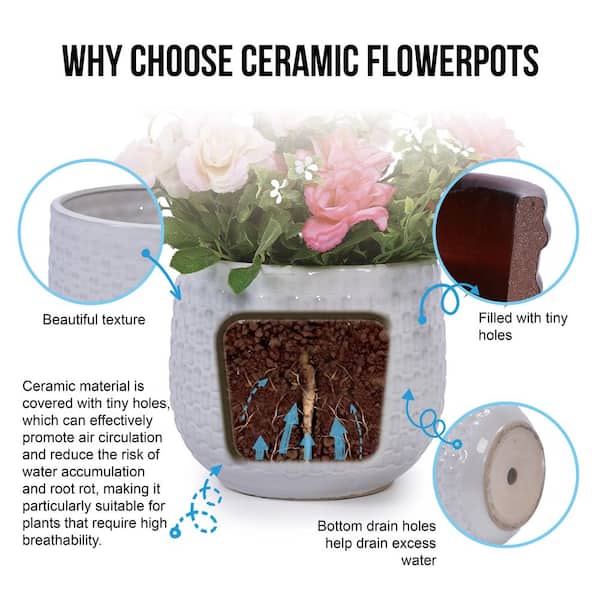 Set of 3 Handmade 4.49/6.3/8.07 in. H Matte White Textured Round Ceramic Planters, Breathable Flower Pot