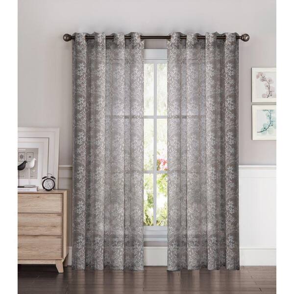 Window Elements Sheer Botanica Faux Linen 54 in. W x 84 in. L Semi-Sheer Grommet Extra Wide Curtain Panel in Charcoal