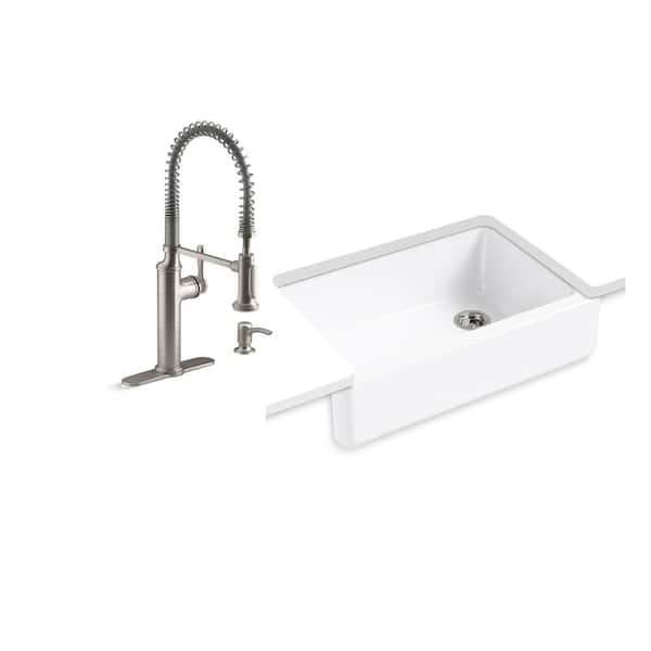KOHLER Whitehaven Undermount Cast Iron 33 in. Single Bowl Kitchen Sink in White with Sous Faucet in Stainless Steel